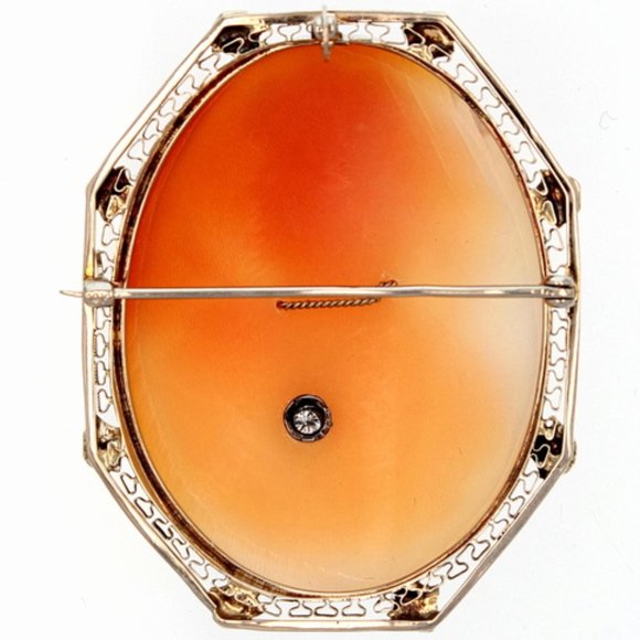 Antique Victorian Shell 14K White Gold & Diamond Habillé Cameo Brooch Pendant - Picture 3 of 5